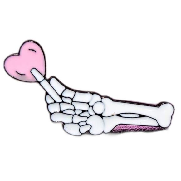 Small Skeleton  hand with pink heart lollipop enamel pin - Picture 1 of 2